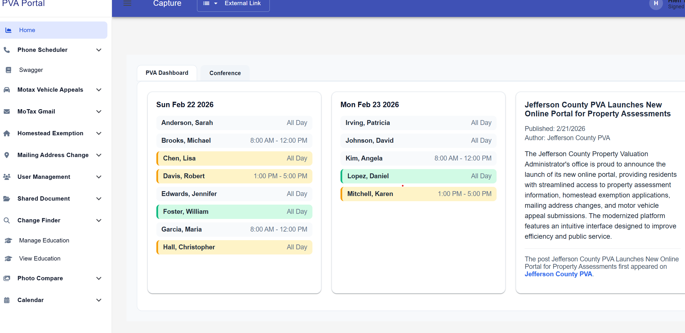 PVA Portal back-office dashboard with appeals queue and scheduling